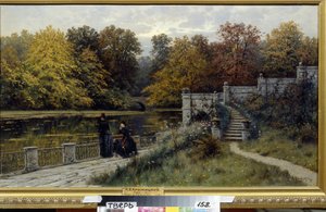 Lazienki Park (Varsova, Puola). Maalaus Konstantin Jakovlevich Kryzhitsky (1858-1911), öljy kankaalle