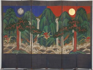 Maisema (tempera ja kultalehti paneelissa) tekijältä Korean School