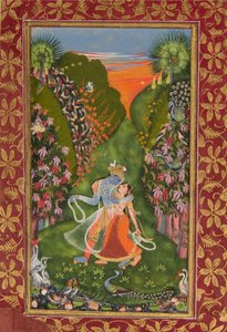 Radha ja Krishna Walk in a Flowering Grove recto, Krishna Fluting verso, c1720 r, c1750-75 v tekijältä Kota Master