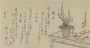 Bonsai-luumupuu penkillä ja laatikolla, 1796. tekijältä Kubo Shunman