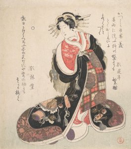 Courtesaani pukeutunut hienostuneeseen mekkoon, jossa on brodeerattu onnen merkkejä, n. 1800. tekijältä Kubo Shunman