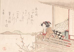 Kurisaani nojaa verannan kaiteeseen, luultavasti 1816. tekijältä Kubo Shunman