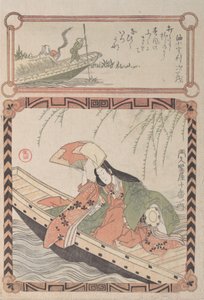 Kurtisaani muinaisessa puvussa istuu veneessä, 1800-luku.
