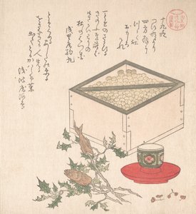 Vihreitä herneitä mitassa ja hollyhock-suihkeita sardiinipäiden kanssa..., 1800-luku. tekijältä Kubo Shunman