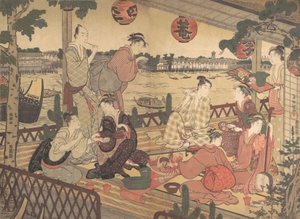 Kaksi nuorta miestä ja useita naisia syömässä teehuoneessa Sumida-joen rannalla, n. 1788. tekijältä Kubo Shunman