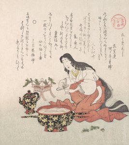 Nainen leikkaamassa kynsiä yrttien keräämisen jälkeen, 1800-luku. tekijältä Kubo Shunman