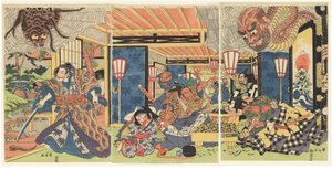 Minamoto no Yorimitsu ja hänen suojelijansa voittavat maapallon hämähäkin, n. 1804-1818 (puupiirros (nishiki-e); muste ja väri paperille).