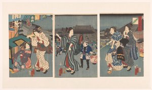 Temppelifestivaali The Seven Komachi and Eastern Customs (sarjan nimi) Nana Komachi Azuma fuzoku (sarjan nimi esineessä) tekijältä Kunisada (II) , Utagawa
