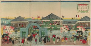 Kuva Nakadourin varrella sijaitsevien kauppalaitosten kukoistamisesta Yokohamassa, Meijin aikakaudella, 1870 (värillinen puupainatus) tekijältä Kuniteru II Utagawa