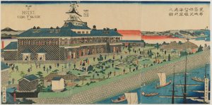 Tsukiji-hotellin merenrantapuutarha itäpääkaupungissa, Meijin aikakaudella, 1868 (värillinen puupainatus) tekijältä Kuniteru II Utagawa