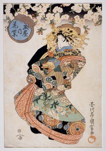 Kurtesaani Hanamurasaki Tamaya-teehousesta, n. 1830, Ukiyo-e-taidevedos Utagawa Kunitomin (toiminut 1810-1830), Oban-tate-e-puupiirros, 38,2x26,5 cm, japanilainen sivilisaatio tekijältä Kunitomi Utagawa