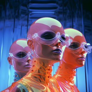 6 naista 3D-parametrisilla fluoresoivilla muovinaamioilla surrealistisessa ja parametrisessa tulevaisuuden arkkitehtuurissa, 1