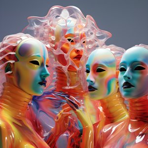 6 naista 3D-parametrisilla fluoresoivilla muovinaamioilla surrealistisessa ja parametrisessa tulevaisuuden arkkitehtuurissa, 2