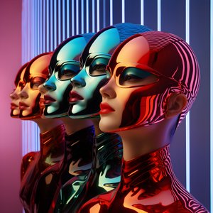 6 naista 3D-parametrisilla fluoresoivilla muovinaamioilla surrealistisessa ja parametrisessa tulevaisuuden arkkitehtuurissa, 3