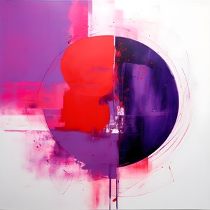 Abstrakti maalaus violetista ympyrästä ja punaisesta ympyrästä 2
