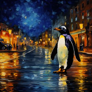 Pingviini puvussa juoksee kadulla 2