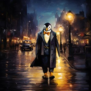 Pingviini puvussa juoksee kadulla 3