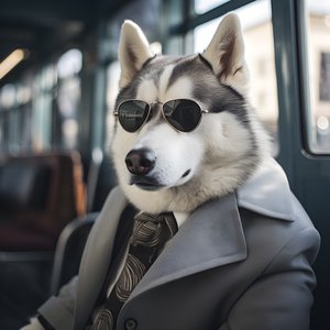 Siperianhusky-koira puvussa ja aurinkolaseissa linja-autoasemalla, kuin herrasmies 1