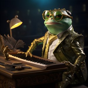 Elton John sammakona aurinkolaseilla ja pianolla 3