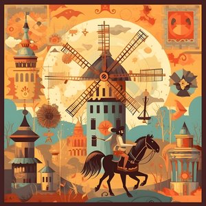 Tausta Don Quijote äärioikealla aasillaan, niin pieni kuin varjo, tuulimyllyjen edessä, sopiva tausta 1