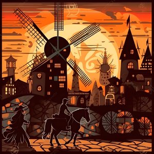 Tausta Don Quijote äärioikealla aasillaan kuin varjo, tuulimyllyjen edessä, sopiva tausta 4