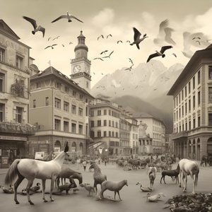 Innsbruck vanhassa valokuvassa tyylikkäillä seeproilla, lokkeilla, apinoilla ja savihahmoilla. 1