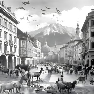 Innsbruck vanhassa valokuvassa tyylikkäillä seeproilla, lokkeilla, apinoilla ja savihahmoilla. 2