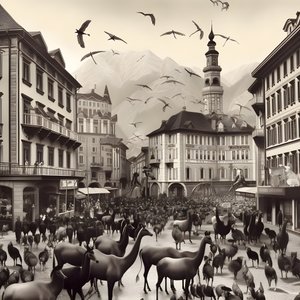 Innsbruck vanhassa valokuvassa tyylikkäillä seeproilla, lokkeilla, apinoilla ja savihahmoilla. 4