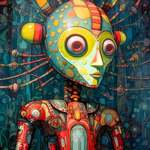 Carnival Cajun Swamp Mutant Sci-Fi Droid, Tim Burtonin ja Beksinski 2:n taiteelliseen tyyliin
