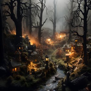 Pienoiskokoinen halloween-metsä, jossa on sumuisia puita ja pelottava tunnelma 2