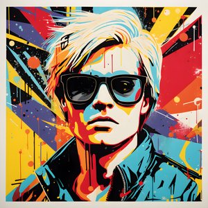 Pop Art muotokuva, puolivartalo, Värikäs, graafinen, Aamu, tyyliin Andy Warhol, Roy Lichtenstein, Robert Rauschenberg, Jasper Johns, Keith Haring 1