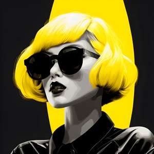 kuva tytöstä, jolla on keltaiset aurinkolasit, hiukset kasvoissa ja korvat, tyyliin film noir esteettinen 1