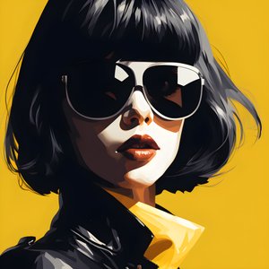 kuva tytöstä, jolla on keltaiset aurinkolasit, hiukset kasvoissa ja korvat, tyylillä film noir esteettinen 3