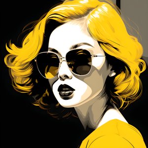 kuva tytöstä, jolla on keltaiset aurinkolasit, hiukset kasvoissa ja korvat, tyylillä film noir esteettinen 4