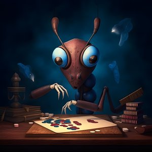 antropomorfinen villi muurahainen, jolla on kulmakarvat ja siniset silmät 1