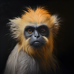 maalaus kultaisen langurin kasvoista mustalla taustalla 1