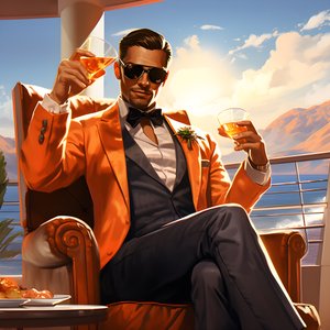 rikas mies, hyvin pukeutunut, istuu yksityisellä risteilyaluksella ja juo cocktailin 1