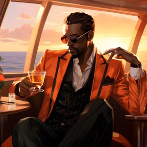 rikas mies, hyvin pukeutunut, istuu yksityisellä risteilyaluksella ja juo cocktailin 2