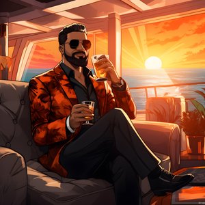 rikas mies, hyvin pukeutunut, istuu yksityisellä risteilyaluksella ja juo cocktailin 3