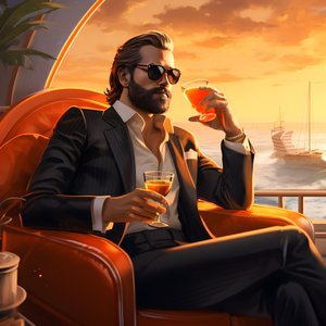 rikas mies, hyvin pukeutunut, istuu yksityisellä risteilyaluksella ja juo cocktailin 4
