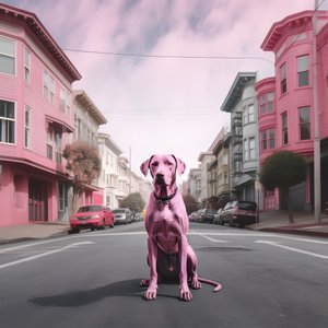 vaaleanpunainen koira keskellä san franciscon kaupunkia 1