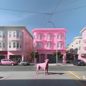 vaaleanpunainen koira keskellä san franciscon kaupunkia 2