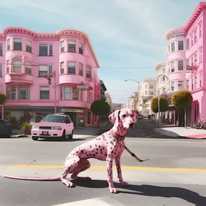 vaaleanpunainen koira keskellä san franciscon kaupunkia 4