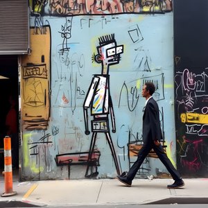 maalattu hahmo herää henkiin kävellessään kadulla New Yorkissa, surrealistinen kuva 1