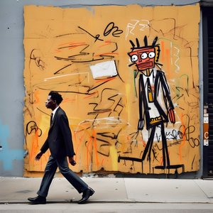 maalattu hahmo herää eloon kävellessään kadulla New Yorkissa, surrealistinen kuva 3