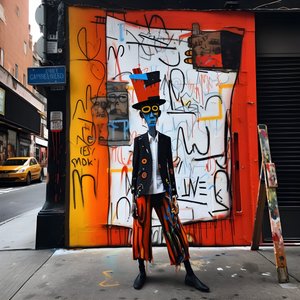 maalattu hahmo herää henkiin kävellessään kadulla New Yorkissa, surrealistinen kuva 4