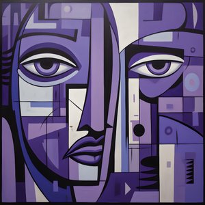violetti ja harmaa geometrinen maalaus violetilla silmällä 2