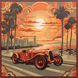 kaunis, elegantti, minimalistinen, tikattu mestariteos Shepard Faireyn taiteelliseen tyyliin::1, joka muistelee vuoden 1940 Monacon Grand Prix -kilpailua, historiallisia kilpa-autoja kilpailemassa keskenään. 1