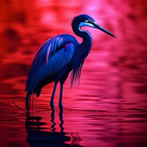 synthwave digitaalinen taideteos eksoottisesta koboltinsinisestä jalohaikarasta punaisella paperilla 4