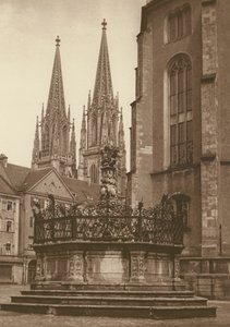 Regensburg, suihkulähde vuodelta 1721 Neupfarrplatzilla ja katedraalin tornit; Regensburg, The Fountain (1721) "Neupfarr Platzilla" ja katedraali (m/v kuva) tekijältä Kurt Hielscher